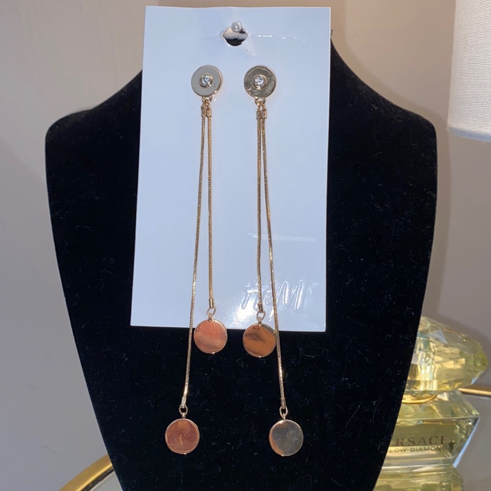 H&M coin drop dangle earrings faux crystal at top. 5 1/2” length.